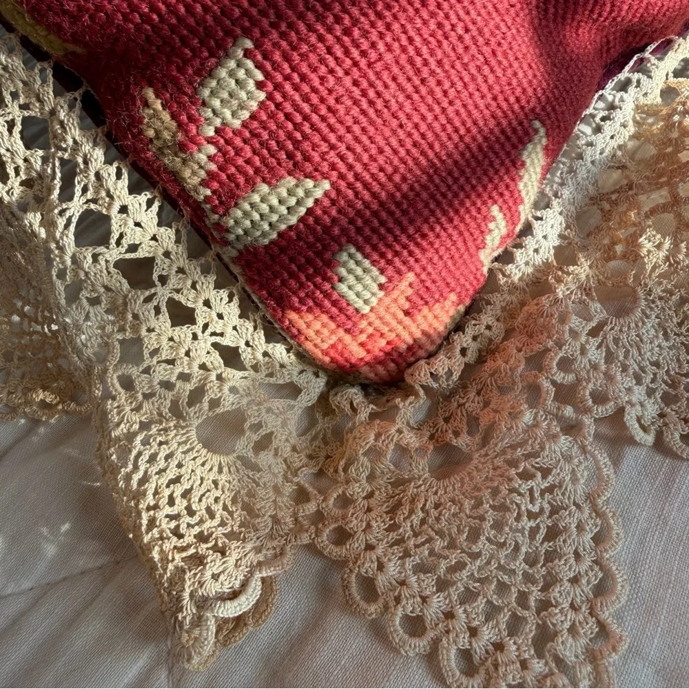Vintage Needlepoint Angel Pillow Lace Trim 12x12 Romantic Heirloom Decor